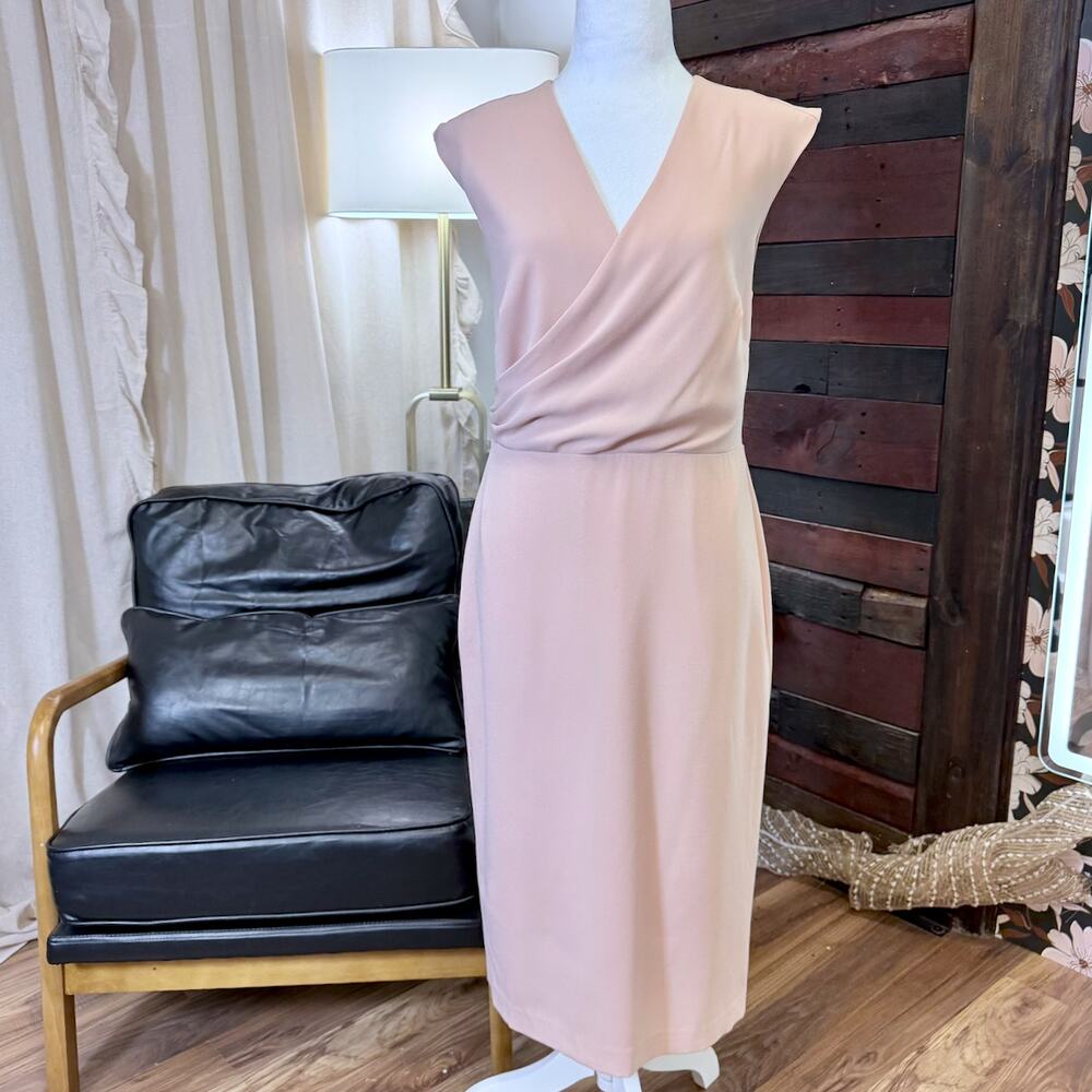 Ann Taylor Blush Pink Sleeveless Wrap Dress SZ 4 Capsule Midi Sheath Minimalist - Picture 7 of 10